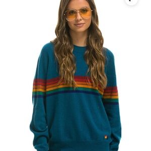 Aviator Nation RAINBOW STRIPE 6 UNISEX LIGHT CASHMERE SWEATER - PEACOCK